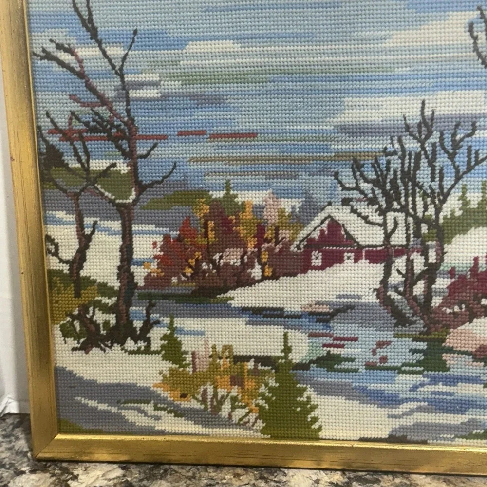 Vintage Needlepoint Framed Snow Winter Scene Red Farm House Stream Size 13 X 17